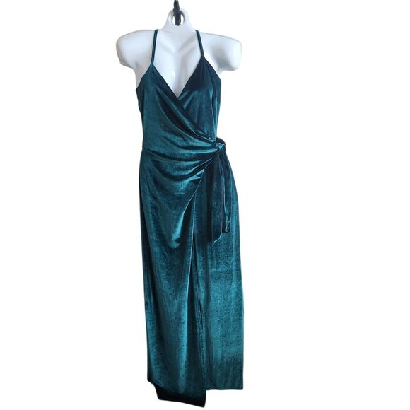 Boohoo Metallic Teal Velvet Wrap Maxi Dress-10-Vneck-Glam-Holiday-Romantic-Goth - Picture 1 of 12